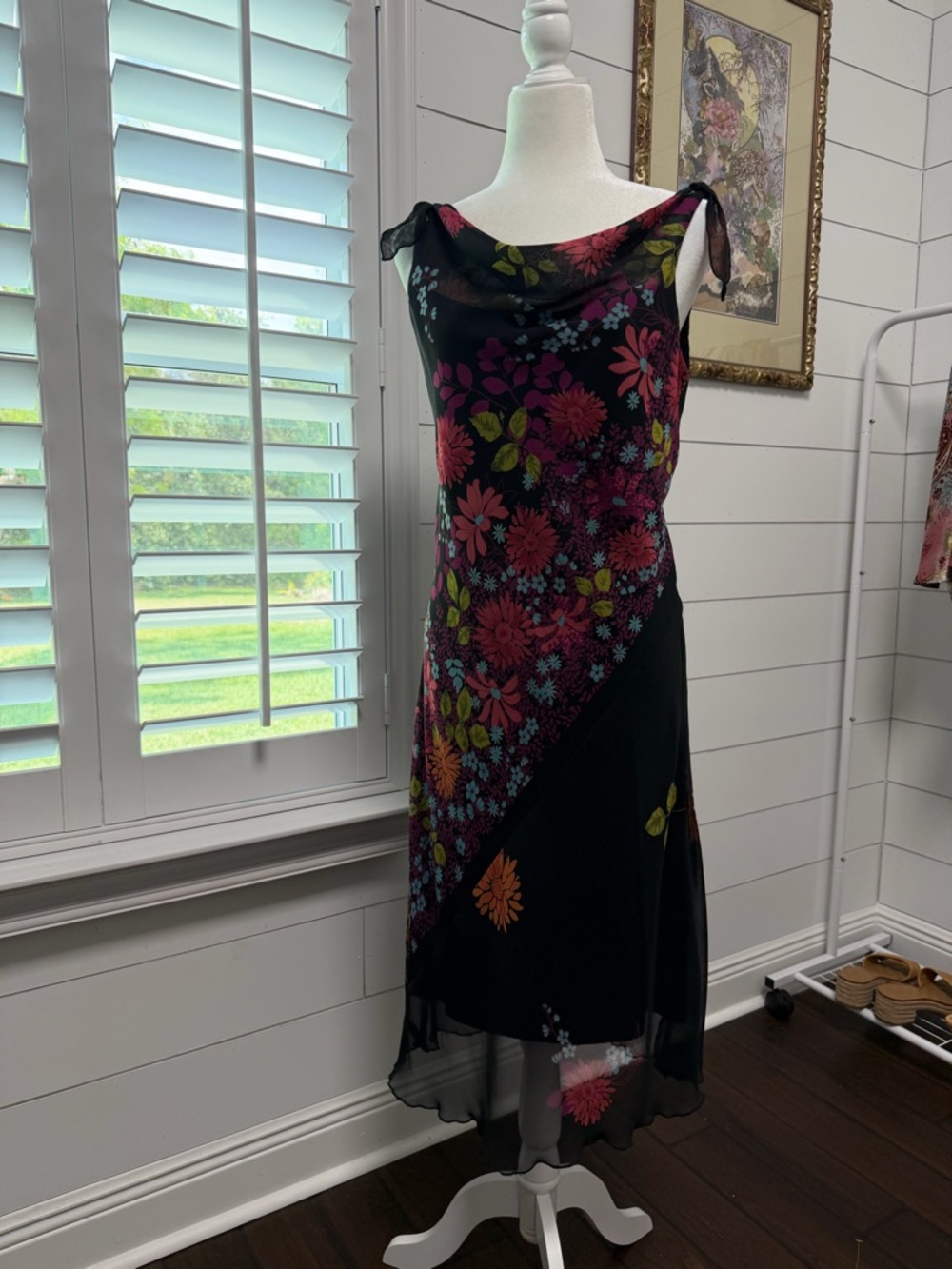 Vintage Floral Cowl Neck Chiffon Midi Dress